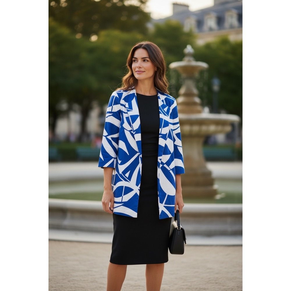 Chicos Geometric Blue Open Front Cotton Blazer Jacket Unique Modern Fun Sz 1 (8)